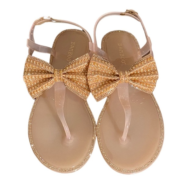 BAMBOO Rose Gold/ Nude Pearl Bow Sparkle Jelly Thong Sandal size 10 - Picture 1 of 8